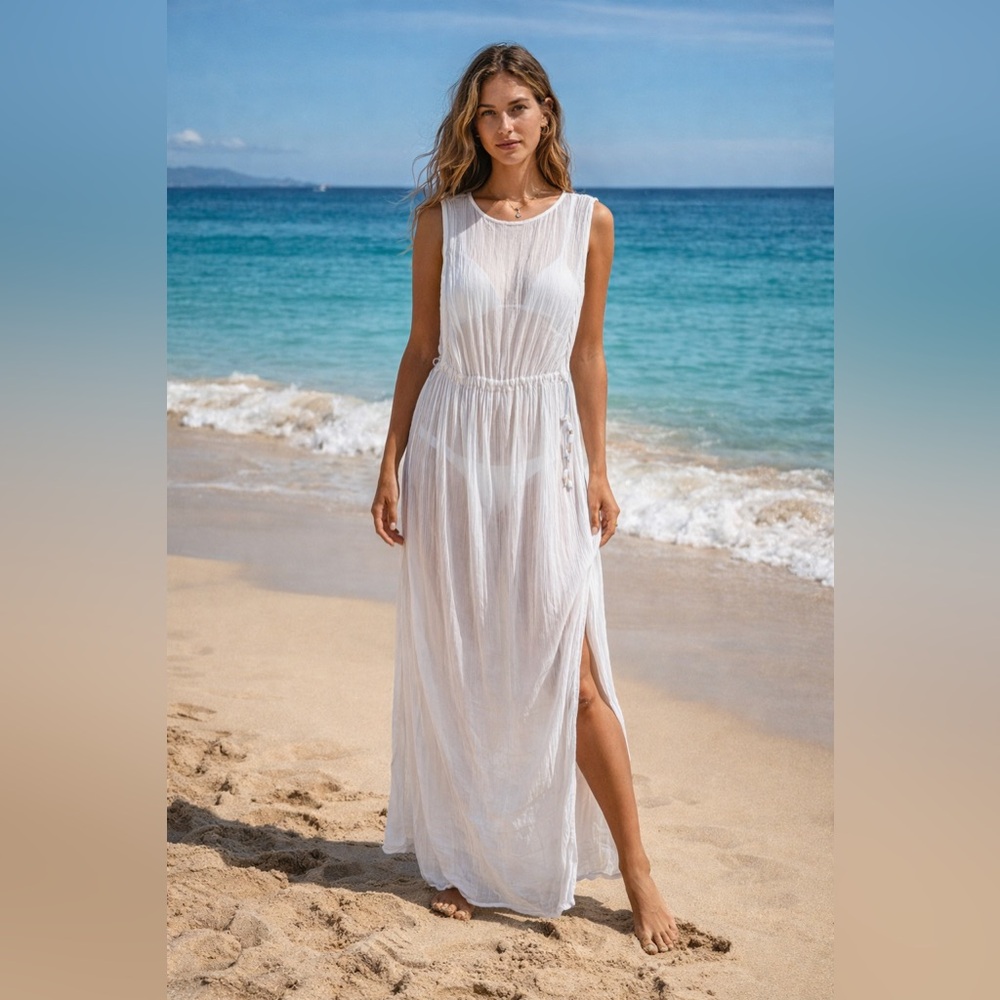 Vix Paula Hermanny Sz XS White Sheer Flowy Maxi Beach Resort Cover Up Dress